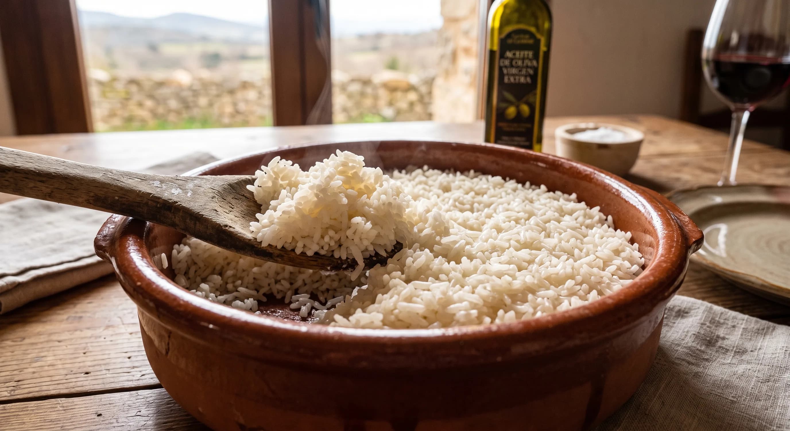 Cazuela de arroz suelto y en su punto servido con una cuchara de madera