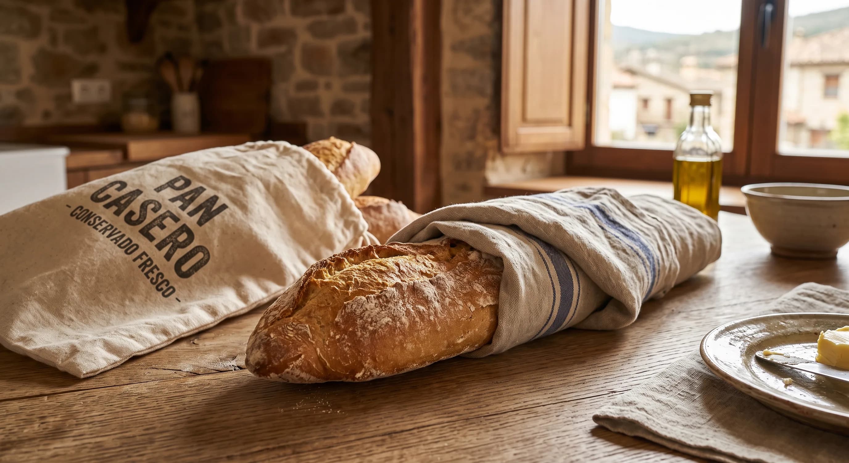 Barra de pan envuelta en un paño de tela junto a una bolsa, sobre una mesa de madera