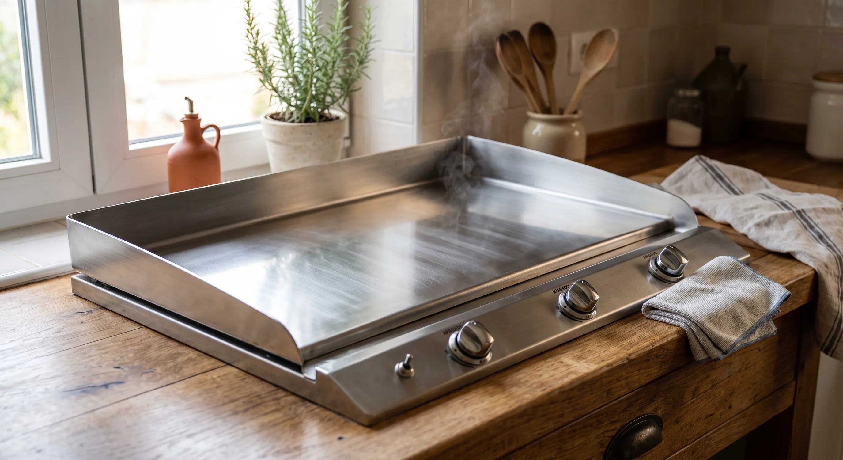 Plancha de cocina de acero limpia y brillante, sin restos quemados, recién apagada