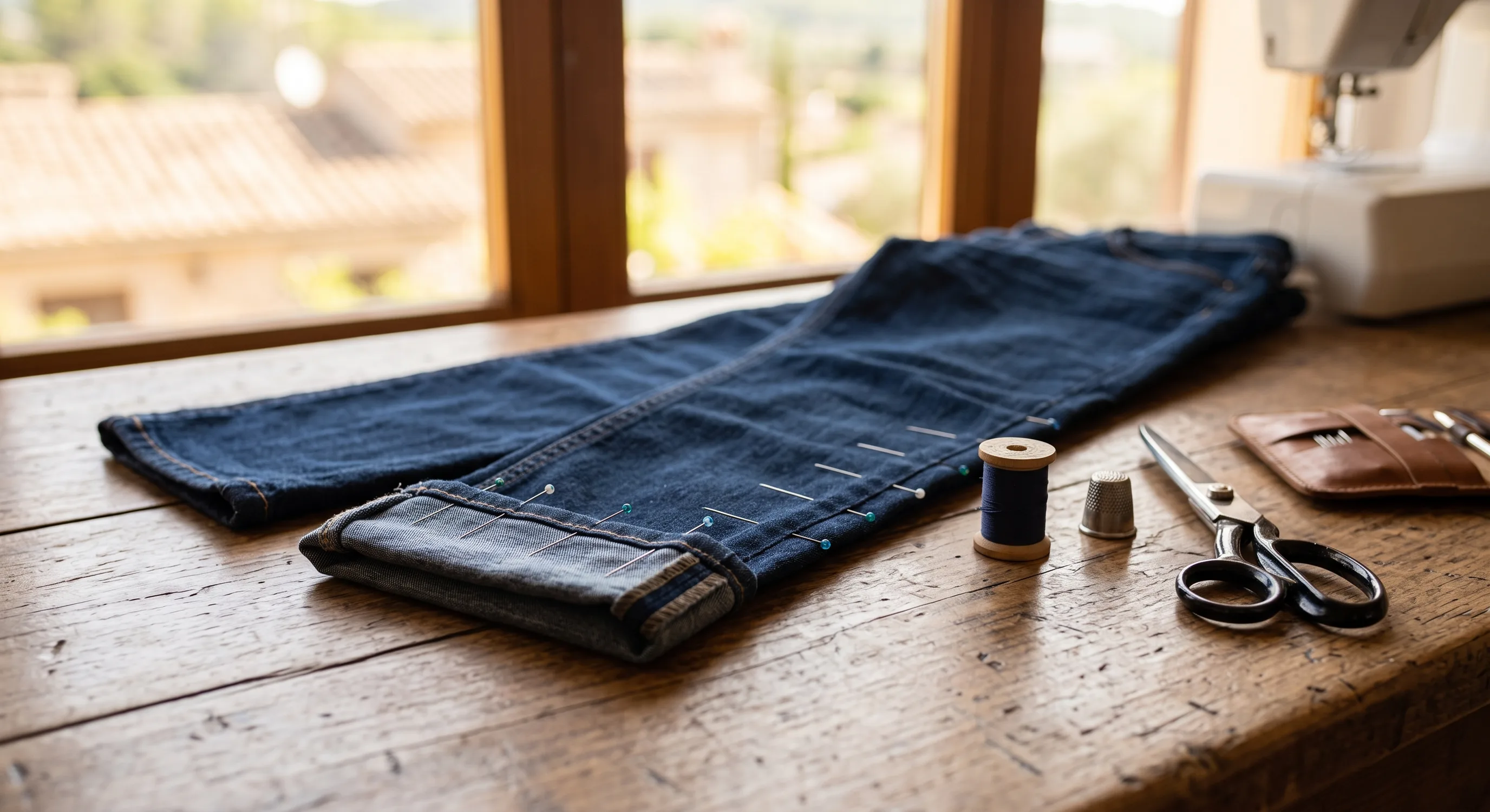 Pantalón sobre una mesa de costura con alfileres marcando el nuevo bajo