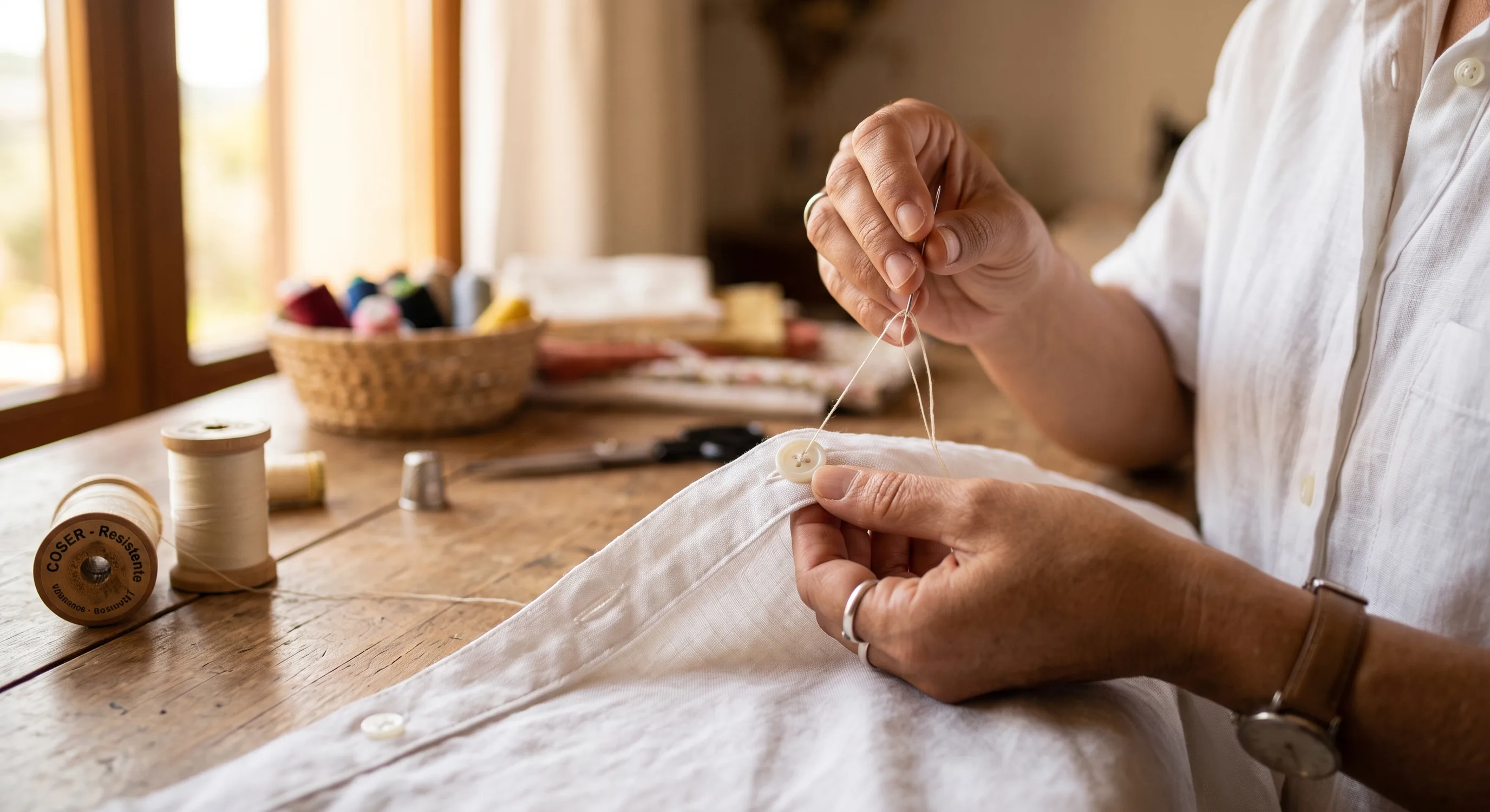 Manos cosiendo un botón sobre una camisa con aguja e hilo, luz cálida