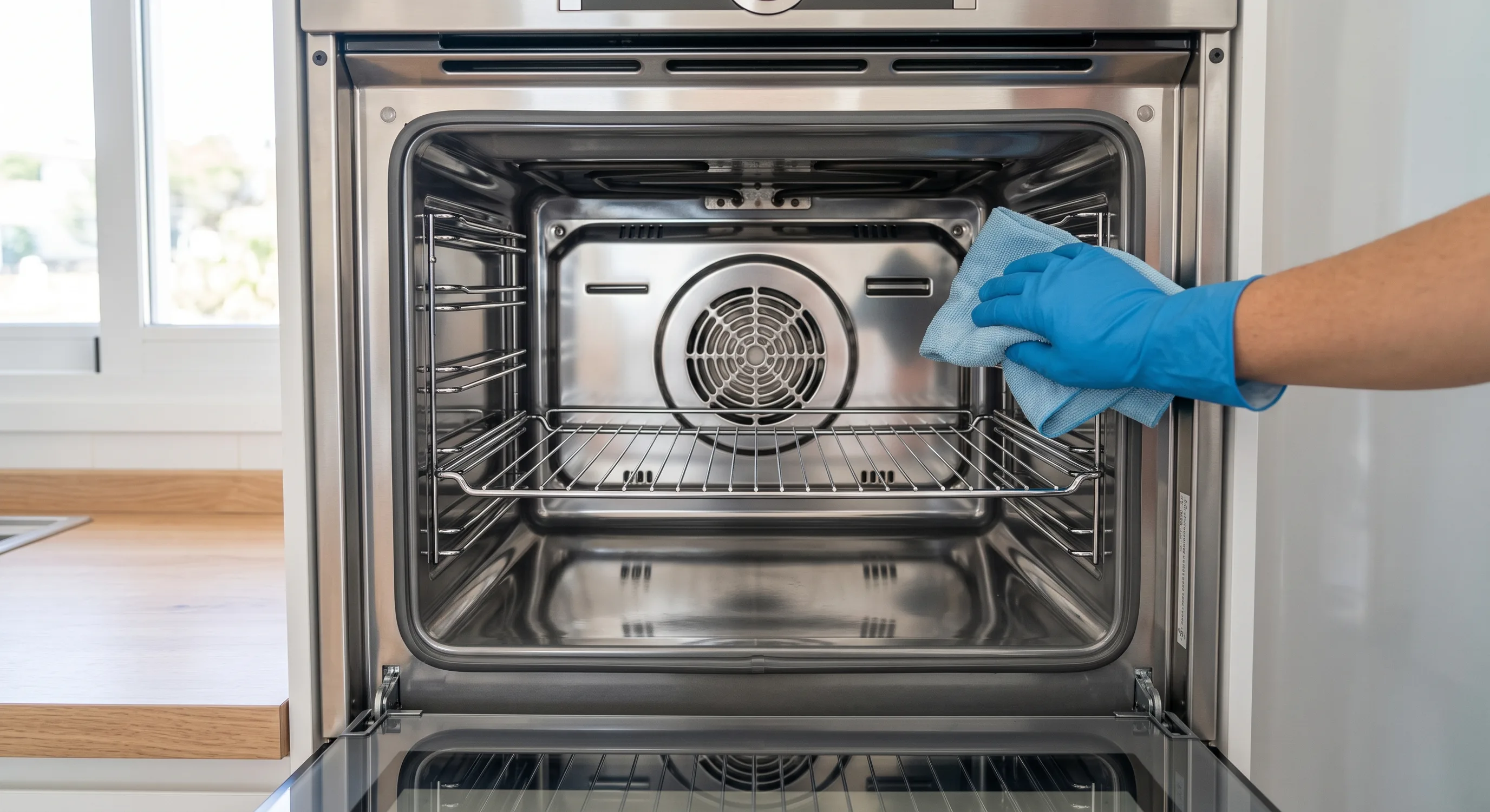 Horno limpio sin productos tóxicos Interior de un horno limpio y reluciente tras retirar la pasta de bicarbonato y vinagre