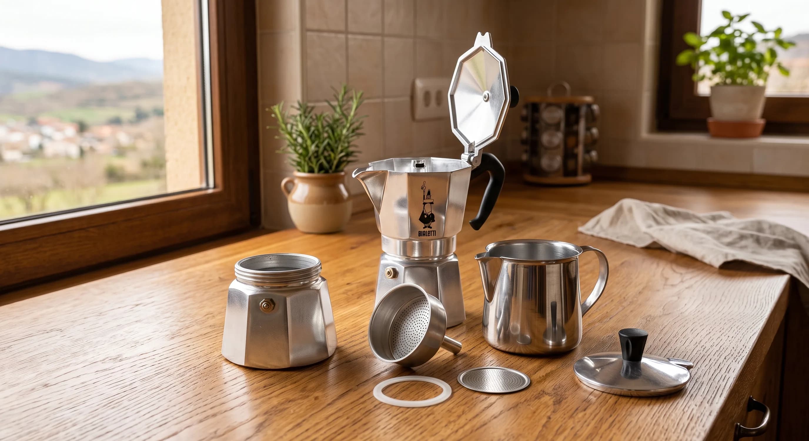 Cafetera italiana limpia por dentro y por fuera Cafetera italiana de aluminio desmontada y limpia sobre una encimera de cocina cálida