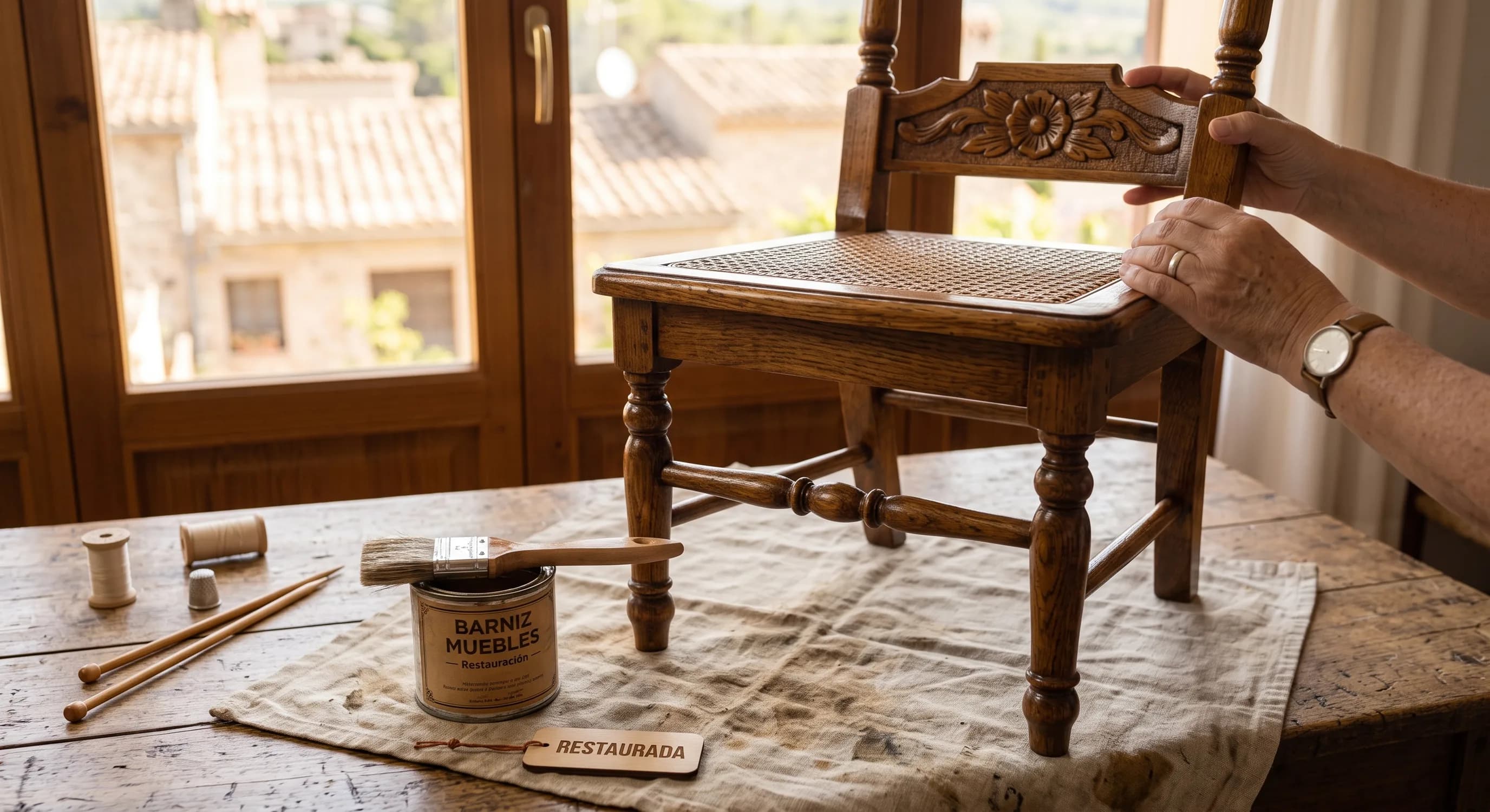 Silla de madera antigua restaurada y barnizada Silla de madera antigua lijada y barnizada, con brocha y lata de barniz al lado