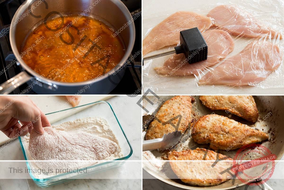 Imagen que muestra los pasos para hacer pollo marsala, incluida la reducción de vino marsala y caldo en una sartén. Batir chuletas de pollo, dragar harina y tostar en la sartén.