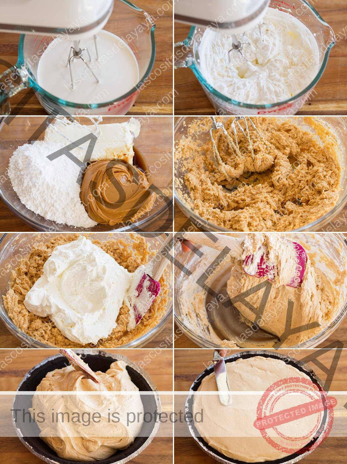 Collage de ocho imágenes que muestran los pasos para hacer el relleno de la tarta de mantequilla de maní y agregar la corteza.
