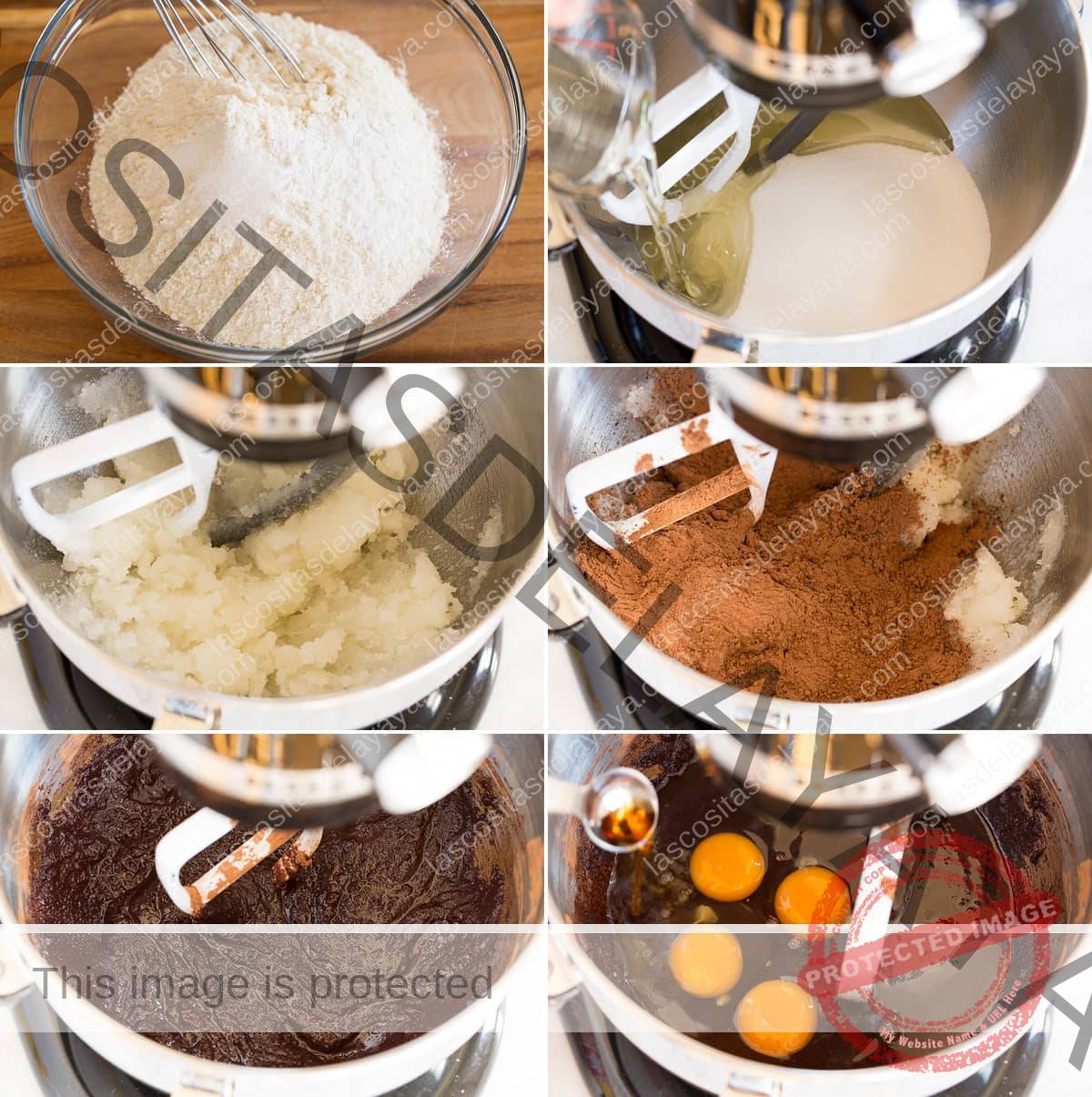 Collage de seis imágenes que muestran cómo hacer galletas de chocolate trituradas. La primera imagen es la mezcla de ingredientes secos en un bol. A continuación se muestra la mezcla de aceite y azúcar en el mezclador y luego se muestra la mezcla. Luego, muestre el cacao antes y después de mezclar. Y la última adición de huevos.