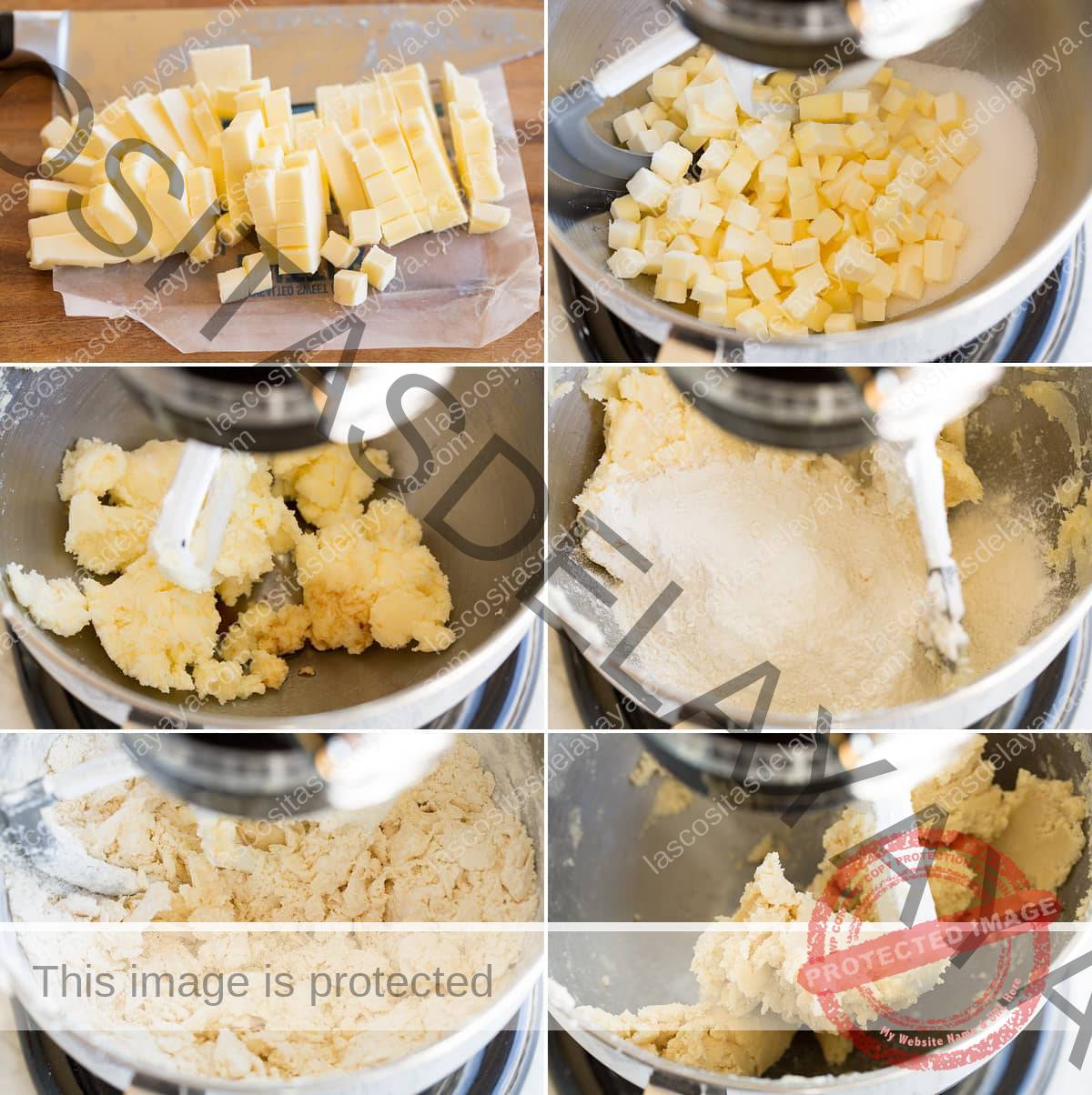 Collage de seis imágenes que muestran cómo hacer galletas de mantequilla. Se nota cortando la mantequilla fría en cubos y luego mezclándola con el azúcar en una batidora eléctrica. Luego se agrega la harina y se mezcla hasta que se forme.