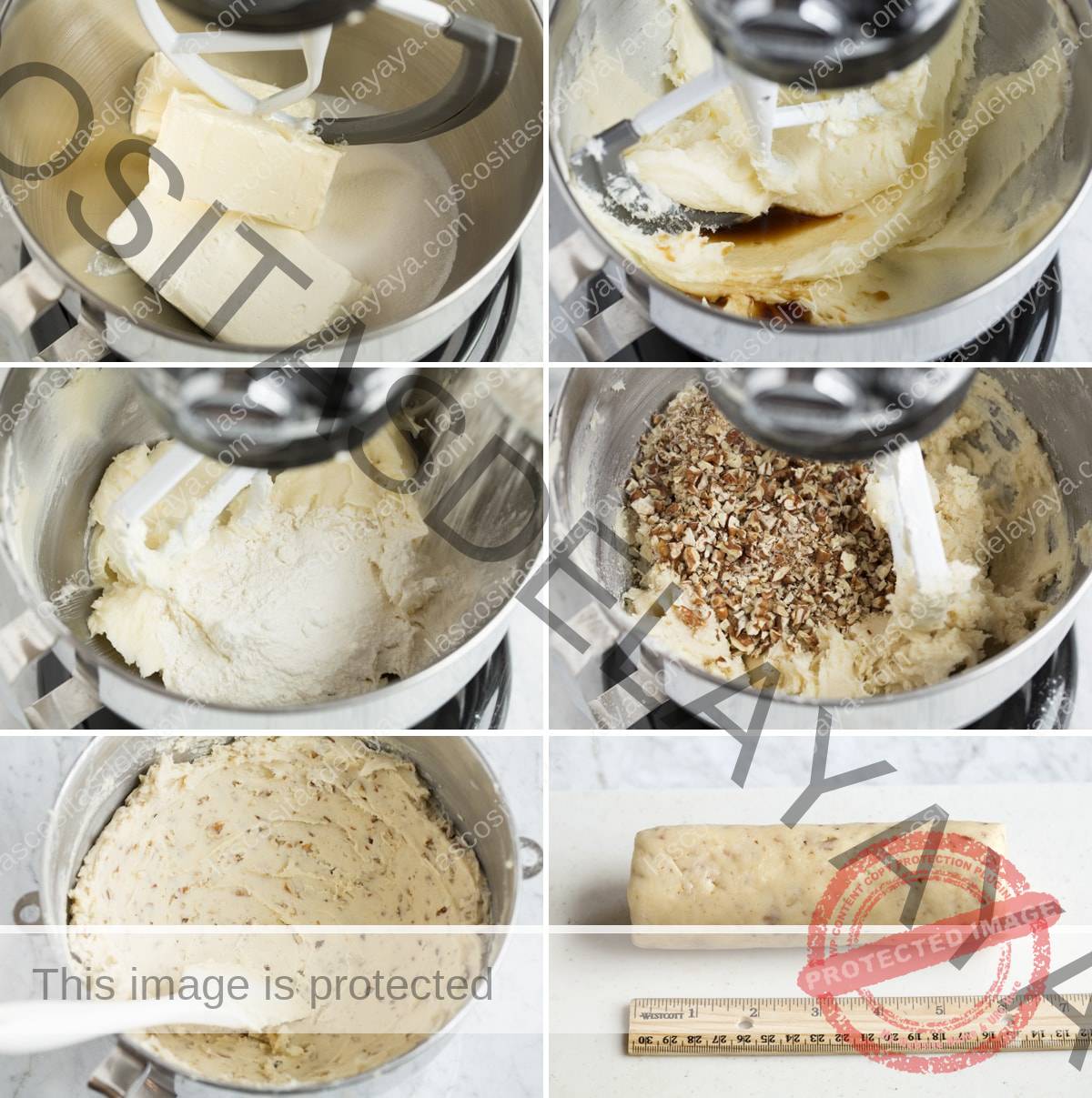 Imagen que muestra cómo hacer masa de galletas de nueces y queso crema en un tazón grande de una batidora eléctrica.