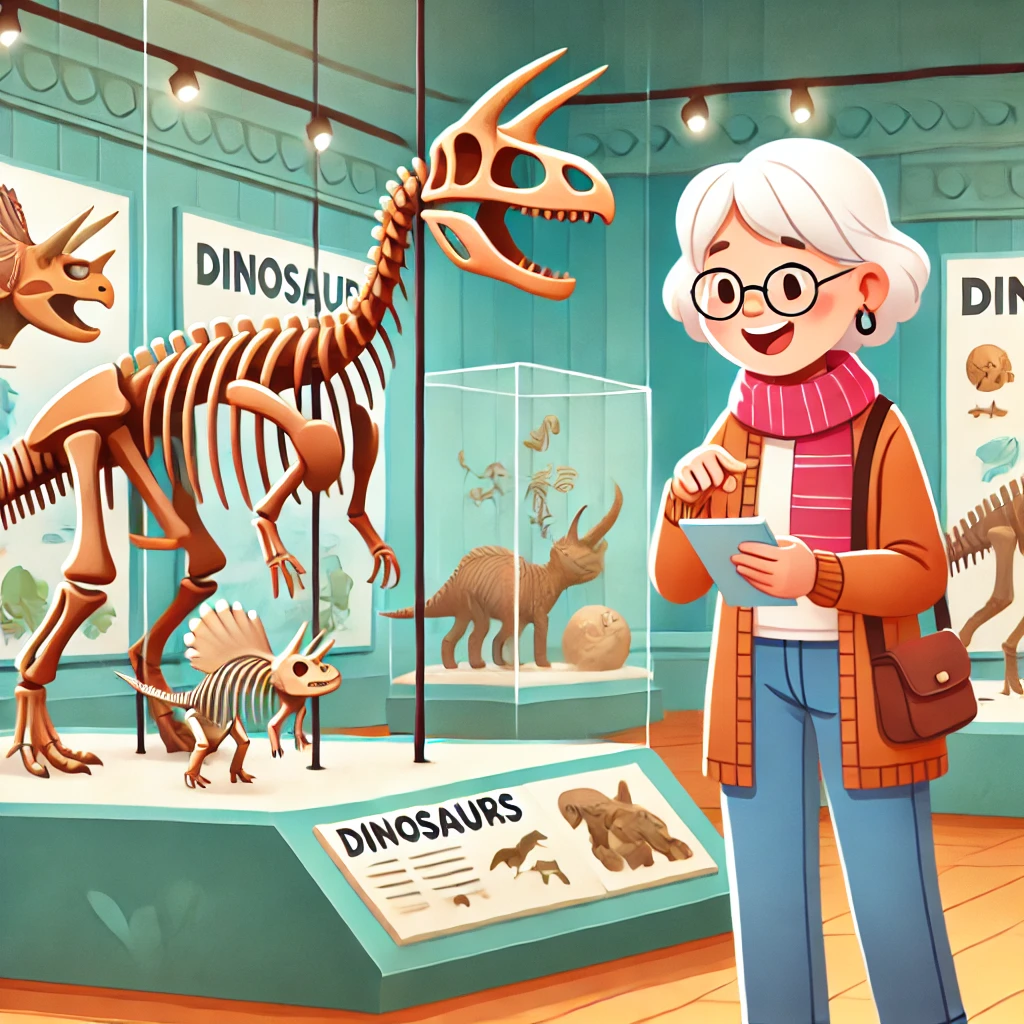 Ilustración de una abuela en un museo observando esqueletos y modelos de dinosaurios con expresión de asombro